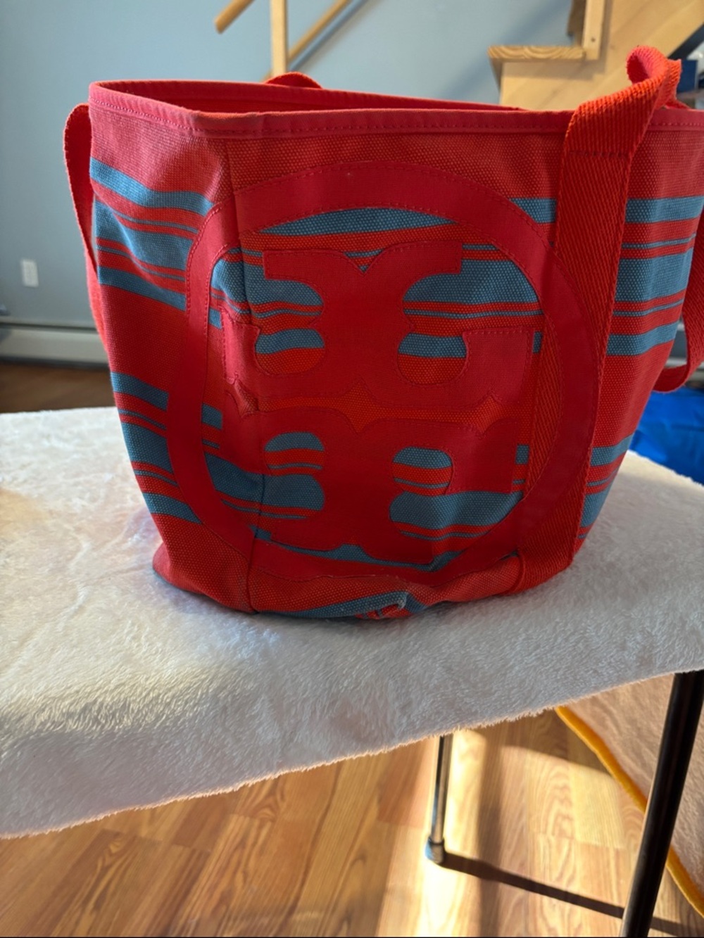 Tory Burch Red and Blue Canvas Tote